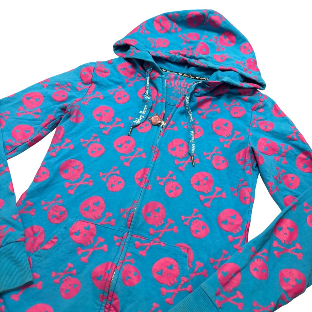 Abbey Dawn Avril Lavigne Blue Pink Skull Heart Crossbones Zip Hoodie L  Y2K ASIS